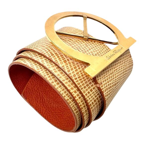 Ferragamo Gancini Belt Beige Leather Gold Gancini Buckle | Vintage Luxe Gift NEW - Picture 7 of 16